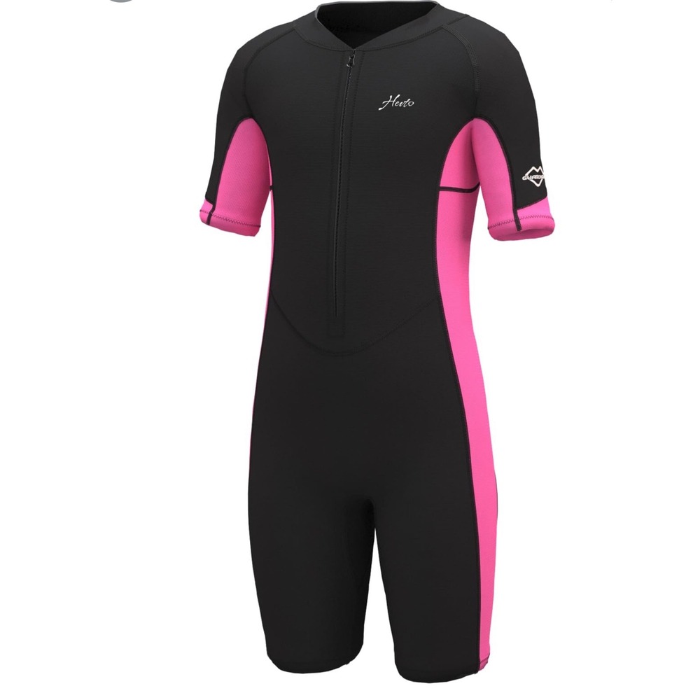 Hevto Kids Wetsuit 6 Shorty Girls Toddler Pink Black Neoprene Front Zip Swimsuit